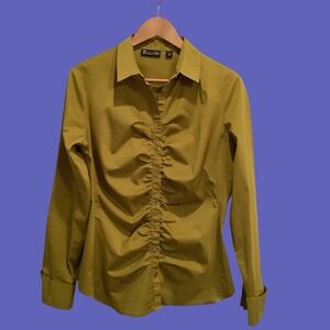 7th Avenue New York & Co Long Sleeve Button Up Cotton Top Chartreuse Blouse Sz L